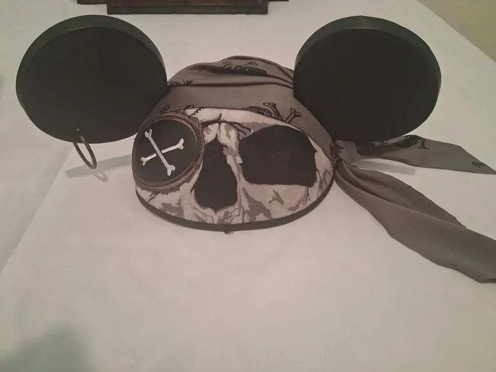 Disney Parks Mickey Mouse Ears Hat Pirates of the Caribbean Skull Eyepatch Gray